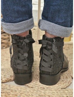 Bottines femme Alba noires avec contrefort pailleté et lacet