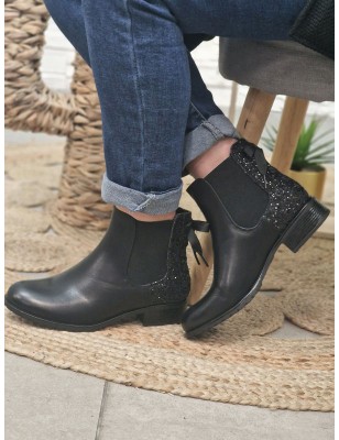 Bottines femme Alba noires avec contrefort pailleté et lacet