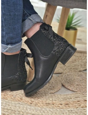 Bottines femme Alba noires avec contrefort pailleté et lacet
