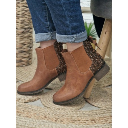 Bottines femme Alba camel avec contrefort pailleté et lacet