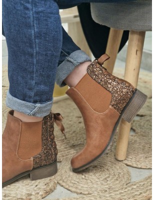 Bottines femme Alba camel avec contrefort pailleté et lacet
