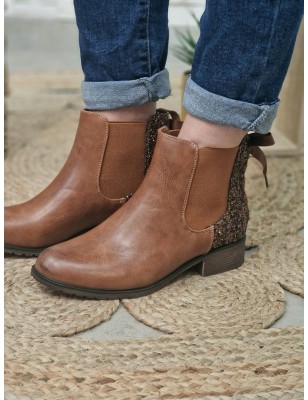 Bottines femme Alba camel avec contrefort pailleté et lacet