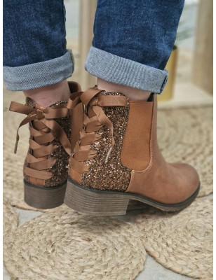 Bottines femme Alba camel avec contrefort pailleté et lacet