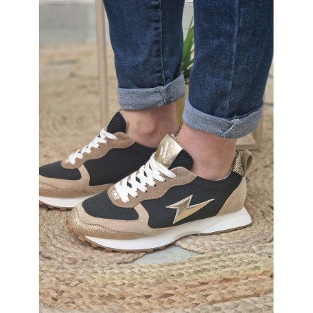 Baskets sneakers femme Vanessa Wu Kezia noires et or multi-matières avec contrefort serpent
