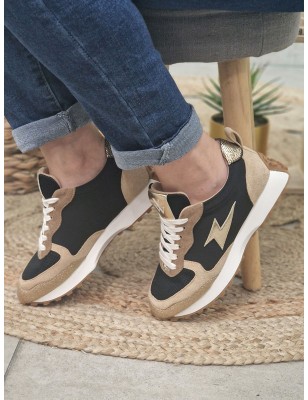 Baskets sneakers femme Vanessa Wu Kezia noires et or multi-matières avec contrefort serpent