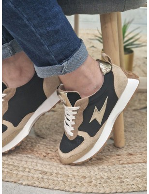 Baskets sneakers femme Vanessa Wu Kezia noires et or multi-matières avec contrefort serpent