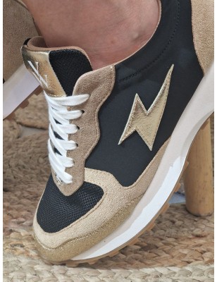 Baskets sneakers femme Vanessa Wu Kezia noires et or multi-matières avec contrefort serpent