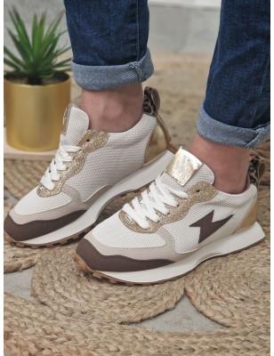 Baskets sneakers femme Vanessa Wu Kezia beiges et marron multi-matières avec contrefort léopard