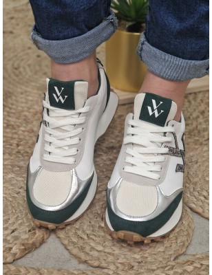 Baskets sneakers femme Vanessa Wu Vwgrace blanches et vertes multi-matières avec contrefort zébré