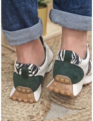 Baskets sneakers femme Vanessa Wu Vwgrace blanches et vertes multi-matières avec contrefort zébré