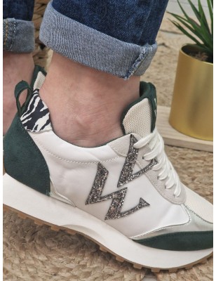Baskets sneakers femme Vanessa Wu Vwgrace blanches et vertes multi-matières avec contrefort zébré
