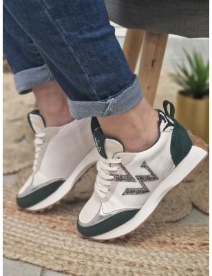 Baskets sneakers femme Vanessa Wu Vwgrace blanches et vertes multi-matières avec contrefort zébré