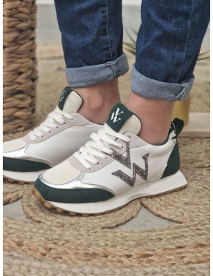 Baskets sneakers femme Vanessa Wu Vwgrace blanches et vertes multi-matières avec contrefort zébré