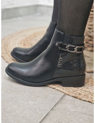 Bottines femme LPB Gisabel noires à bouts ronds avec aspect serpent et chainette