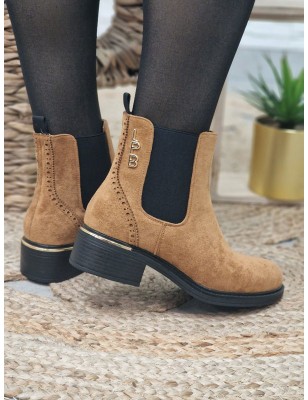 Bottines femme LPB Gansiry camel effet suédine avec gros élastiques