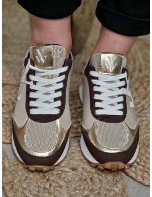 Baskets sneakers femme Vanessa Wu Vwgrace beiges et marron multi-matières avec contrefort léopard