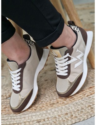 Baskets sneakers femme Vanessa Wu Vwgrace beiges et marron multi-matières avec contrefort léopard