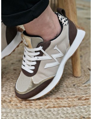Baskets sneakers femme Vanessa Wu Vwgrace beiges et marron multi-matières avec contrefort léopard