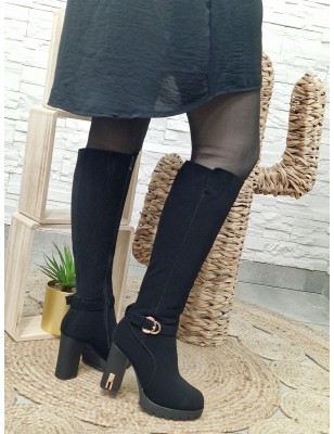 Bottes à talon Sylvia noires effet suédine avec boucle dorée