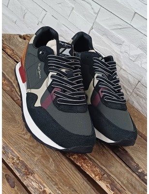 Baskets homme Pepe Jeans Brit Print bi-matière noires