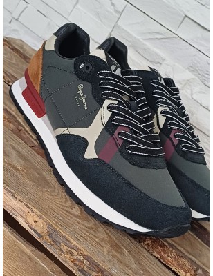 Baskets homme Pepe Jeans Brit Print bi-matière noires