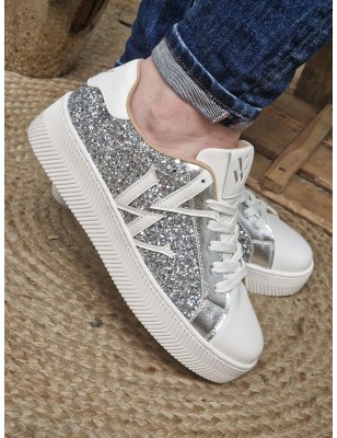 Baskets femme paillette Vanessa Wu Estelle avec strass argentés et plateforme