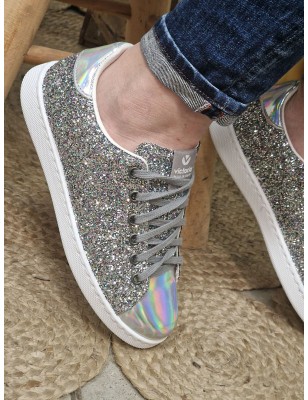 Baskets femme Victoria Tenis Glitter argentées pailletées avec empiècements effet miroir