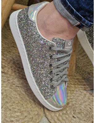 Baskets femme Victoria Tenis Glitter argentées pailletées avec empiècements effet miroir