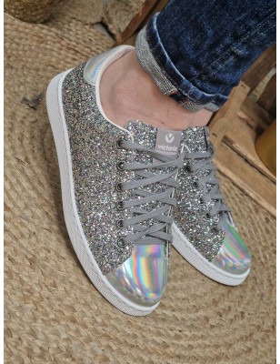 Baskets femme Victoria Tenis Glitter argentées pailletées avec empiècements effet miroir