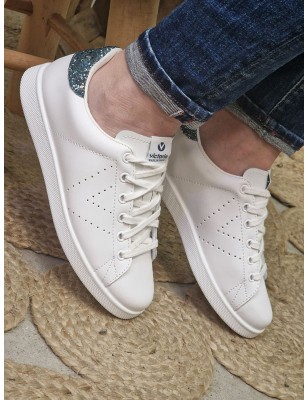 Baskets femme Victoria Tenis Cuir Glitter blanches avec détail pailleté et logo perforé