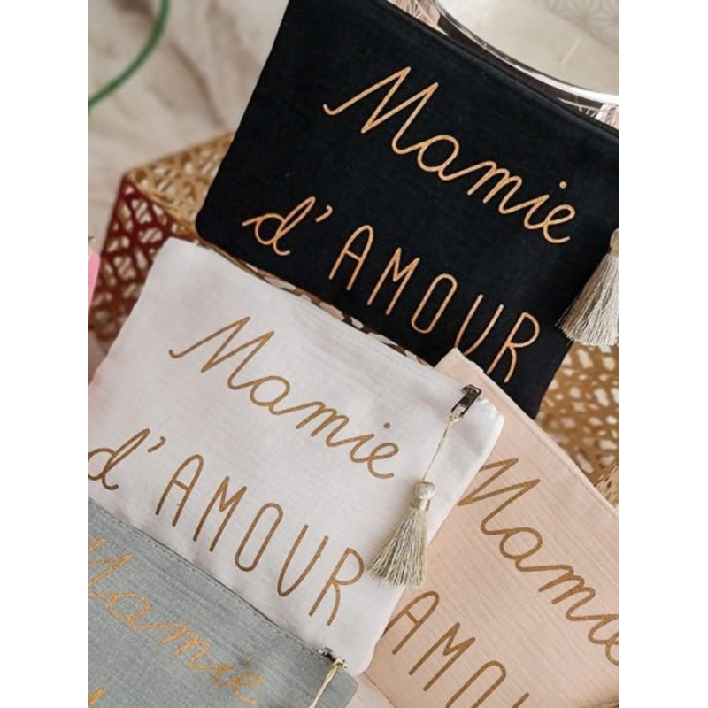 Pochette en gaze de coton "Mamie d'amour" avec pompon