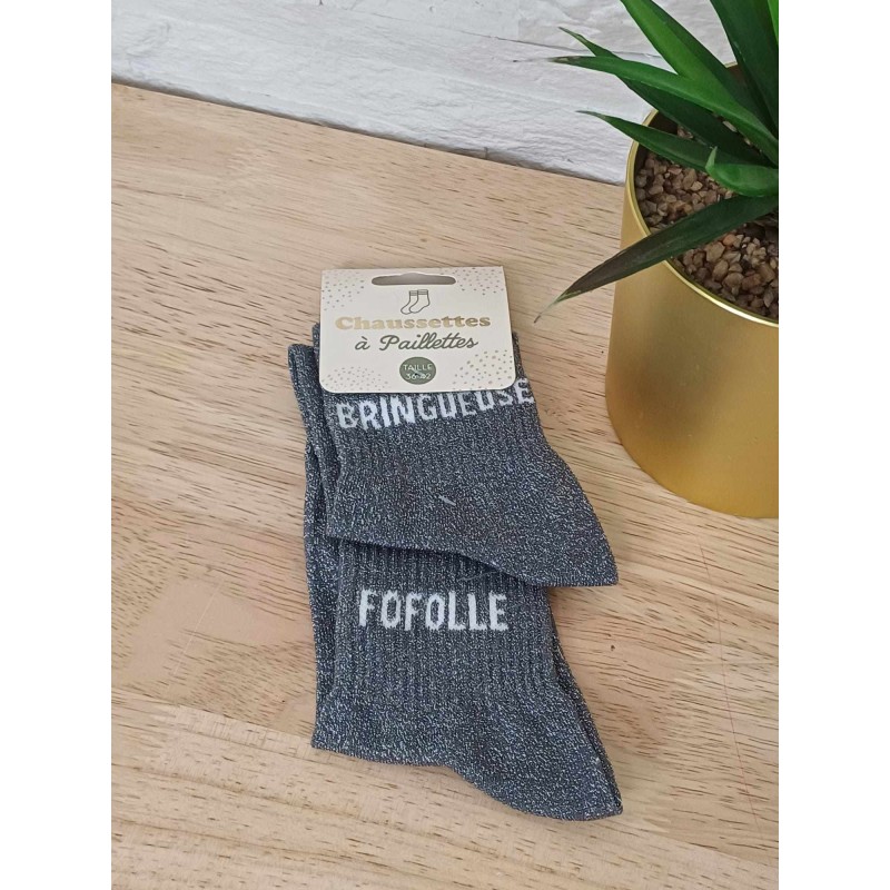 Chaussettes à paillettes duo "bringueuse fofolle" grises