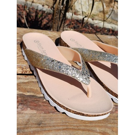Tongs femme Oriane dorées pailletées