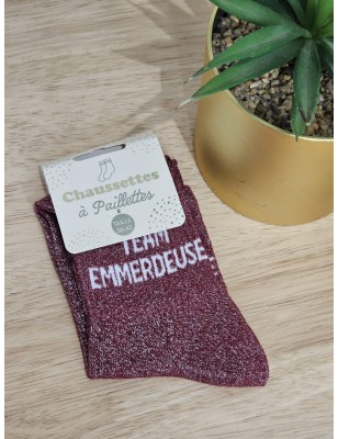Chaussettes à paillettes "team emmerdeuse" bordeaux