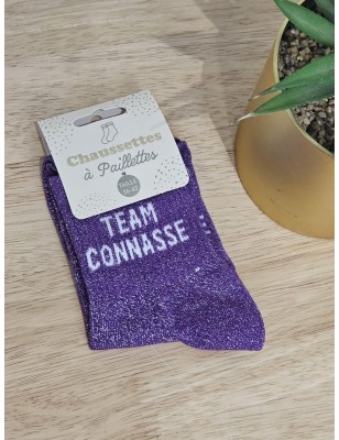 Chaussettes à paillettes "team connasse" violettes