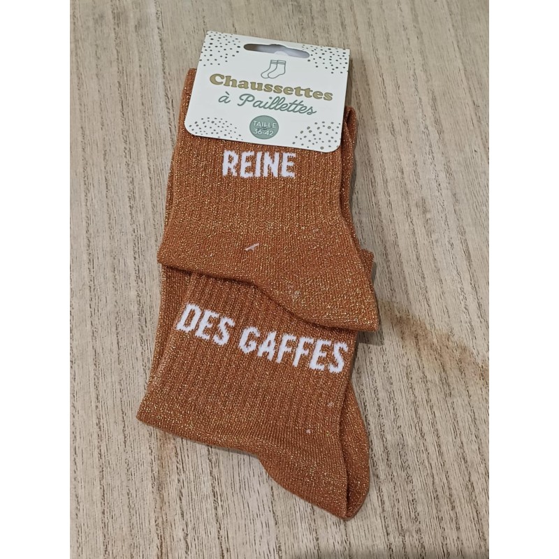 Chaussettes à paillettes duo "reine des gaffes" marron