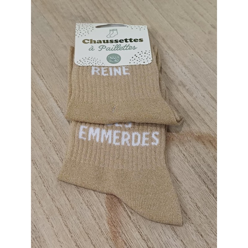 Chaussettes à paillettes duo "reine des emmerdes" dorées