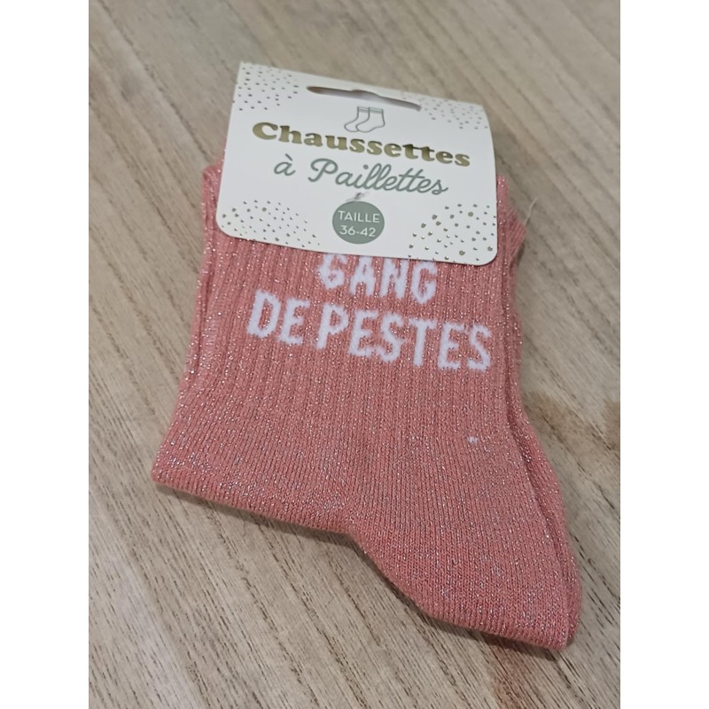 Chaussettes à paillettes "gang de pestes" roses