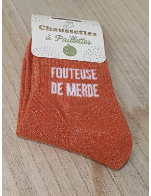 Chaussettes à paillettes "fouteuse de merde" marron