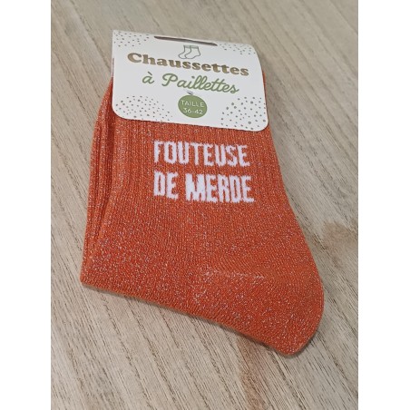 Chaussettes à paillettes "fouteuse de merde" marron