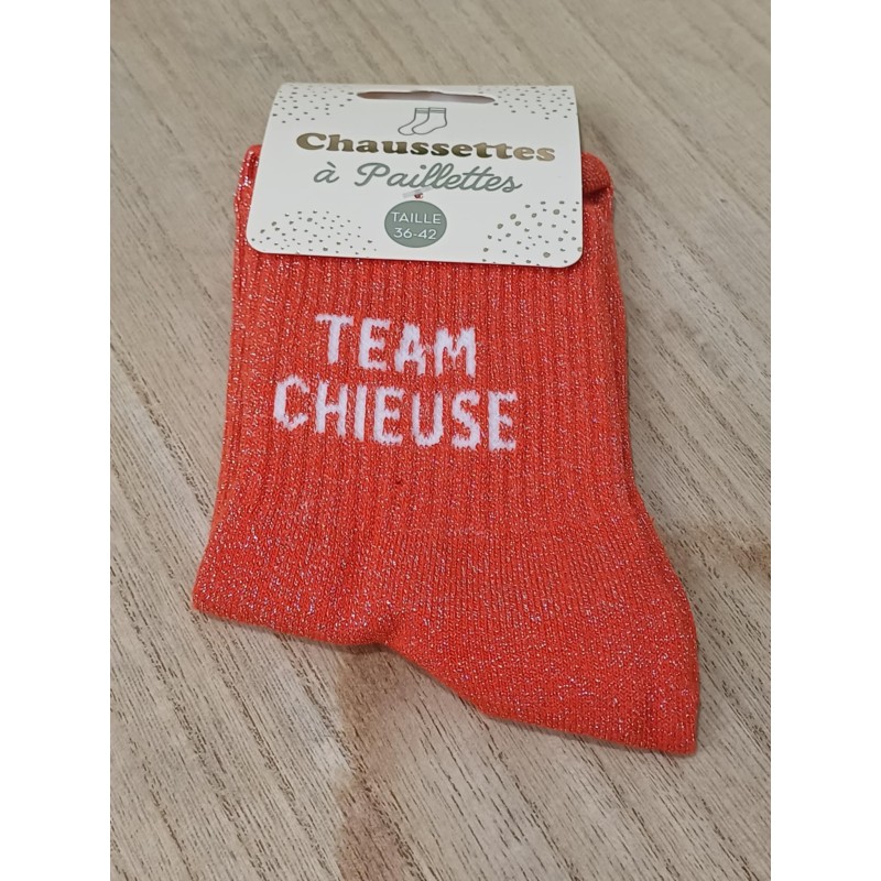 Chaussettes à paillettes "team chieuse" orange