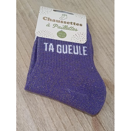 Chaussettes à paillettes "ta gueule" violettes