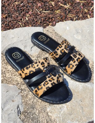 Mules femme Antonia noires et léopard