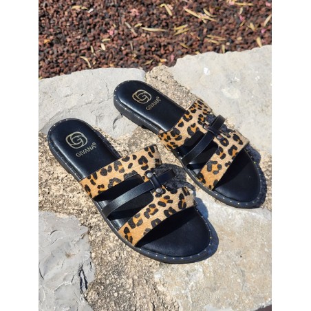 Mules femme Antonia noires et léopard