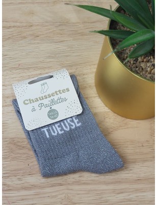 Chaussettes à paillettes "tueuse" grises