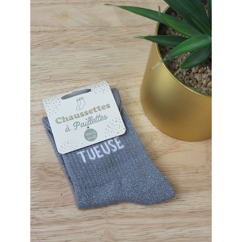 Chaussettes à paillettes "tueuse" grises