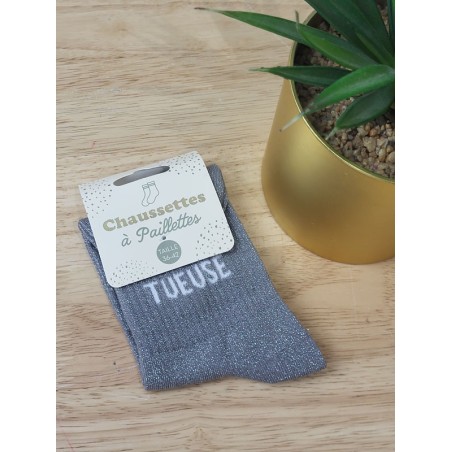 Chaussettes à paillettes "tueuse" grises