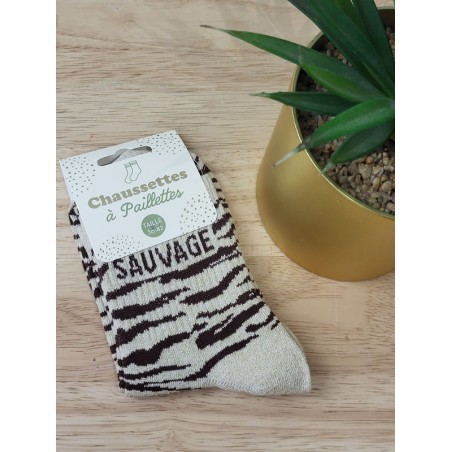 Chaussettes à paillettes "sauvage" beiges rayures