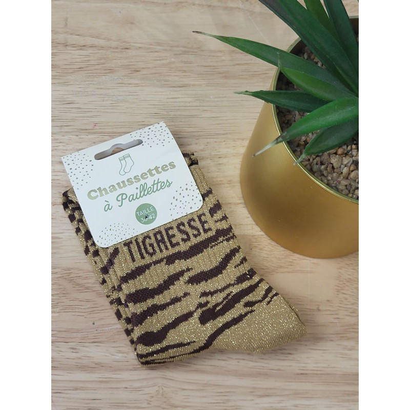 Chaussettes à paillettes "tigresse" camel