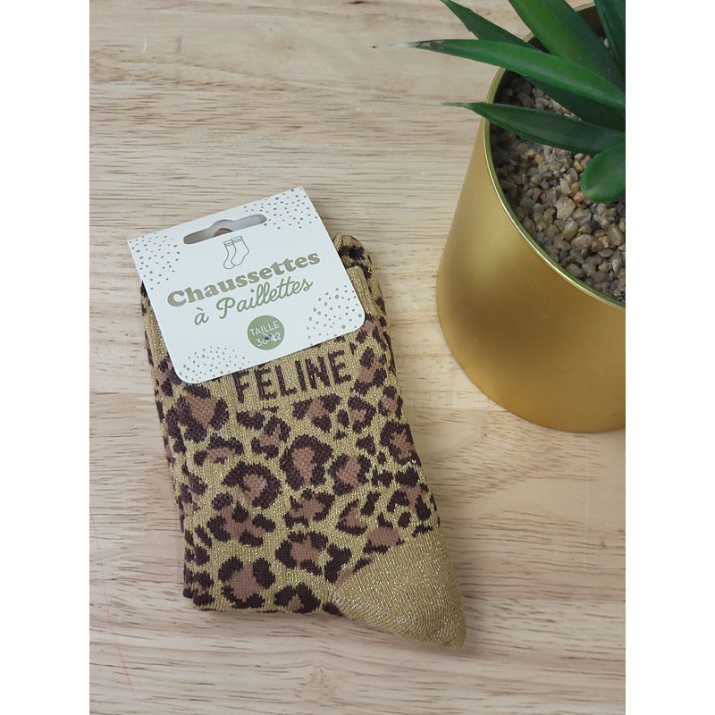 Chaussettes à paillettes "feline" camel